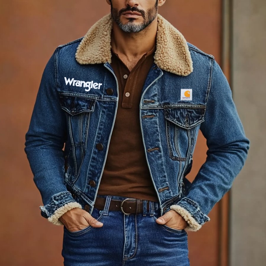 

Men's Outdoor Vintage Lamb Wool Spliced Pocket Washed Denim Sherpa Collar Jacket