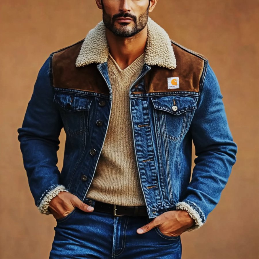 

Men's Outdoor Vintage Lamb Wool Spliced Pocket Washed Denim Suede Splicing Sherpa Collar Jacket