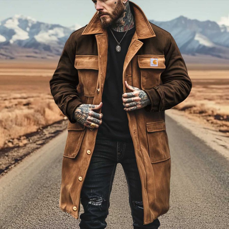 

Men's Vintage Multi-Pocket Color Block Lapel Collar Mid-Length Coat Cargo Jacket