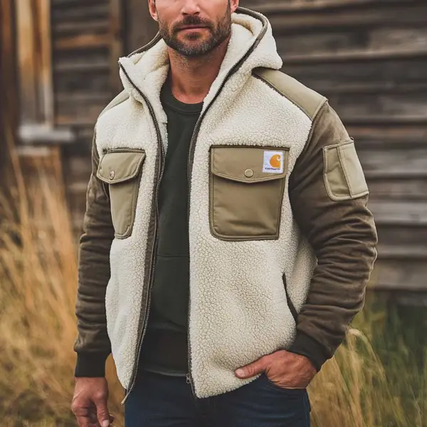 Men's Vintage Fleece Color Block Multi-Pocket Outdoor Warm Hooded Jacket - Mobivivi.com 