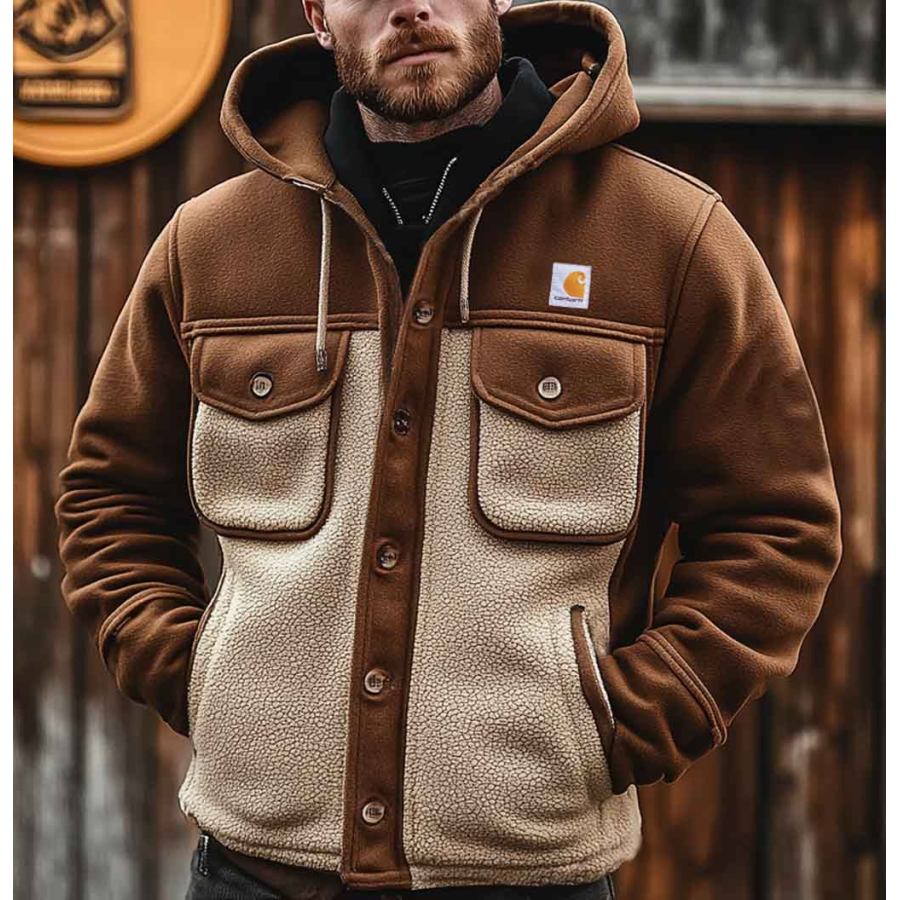 

Men's Vintage Fleece Color Blocked Multi-Pocket Outdoor Warm Hooded Jacket