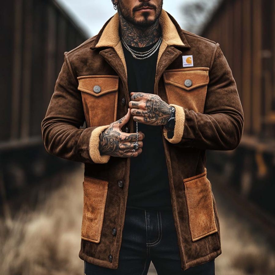 

Men's Vintage Suede Corduroy Pocket Fleece Lapel Collar Mid-Length Coat Sherpa Lined Jacket