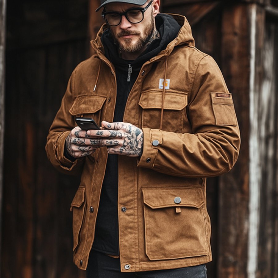 

Men's Carhartt Vintage Practical Cargo Multi-Pocket Reverse Collar Hooded Outdoor Jacket Coat