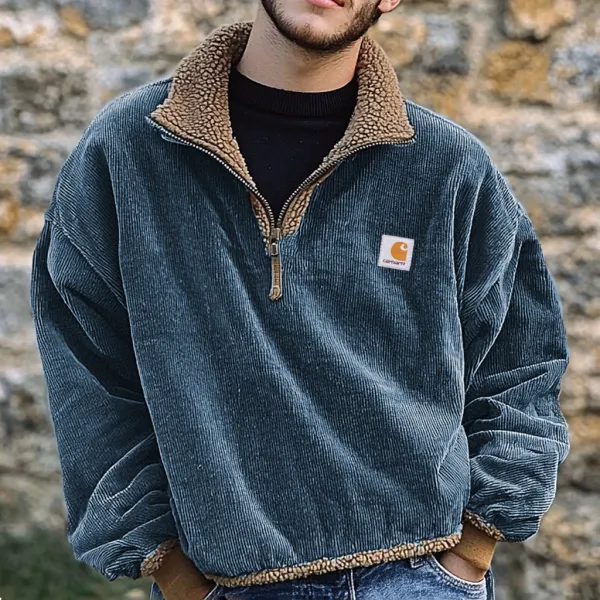 Unisex Vintage Corduroy Casual Oversized Polo Sweatshirt - Dozenlive.com 