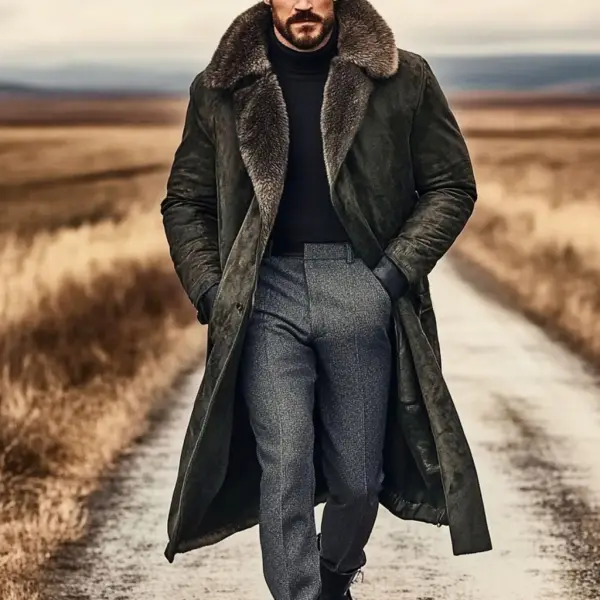 Men's Vintage Suede Fleece Lapel Collar Long Sherpa Collar Jacket Coat - Wayrates.chimpone.com 