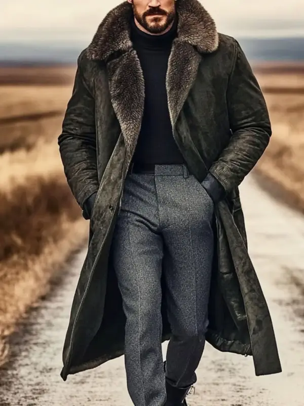 Men's Vintage Suede Fleece Lapel Collar Long Sherpa Collar Jacket Coat - Pragmaace.com 