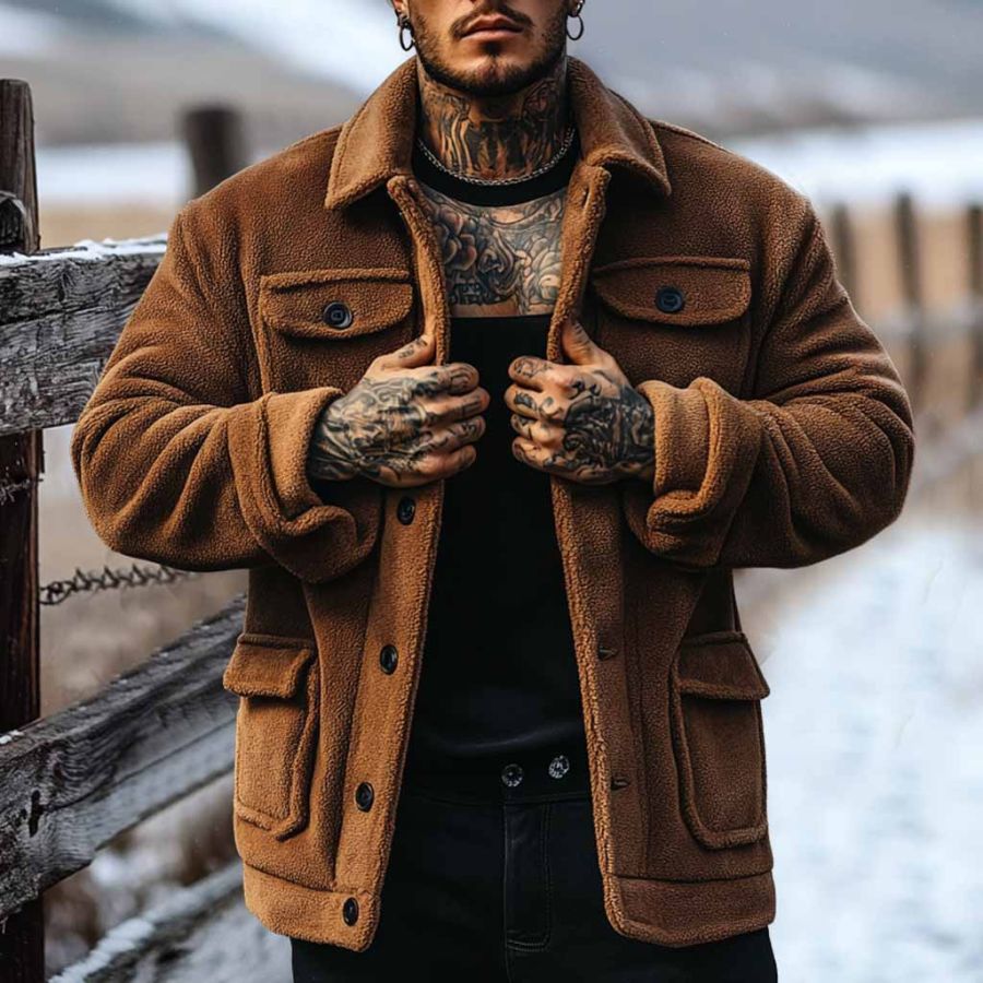 

Men's Vintage Fleece Multi-Pocket Lapel Collar Outdoor Warm Jacket