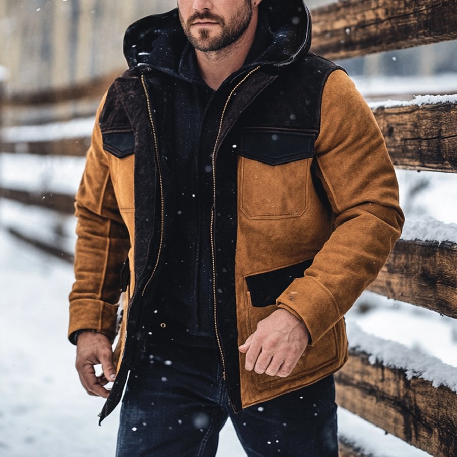 

Men's Vintage Color Block Fleece Outdoor Warm Hooded Jacket