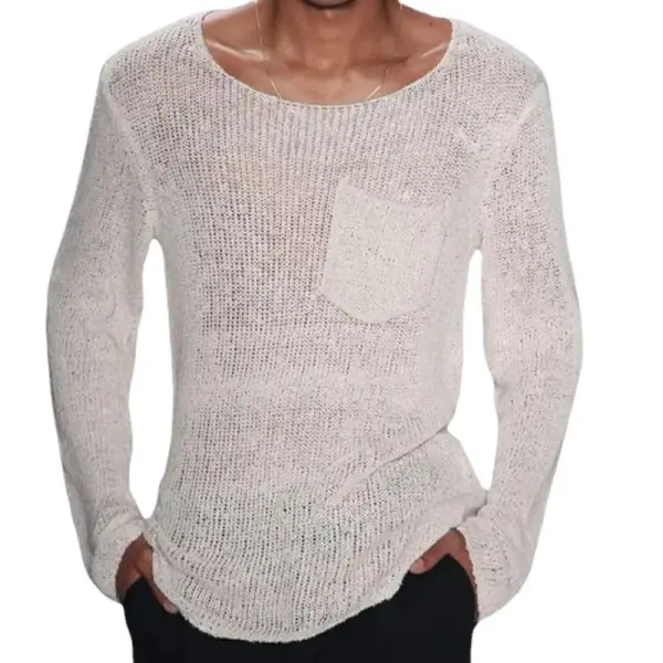 Solid Color Pocket Long Sleeve Knit Top - Mobivivi.com 