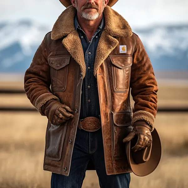 Men's Vintage Multiple Pockets Outdoor Patchwork Leather Jacket Coat - Cotosen.com