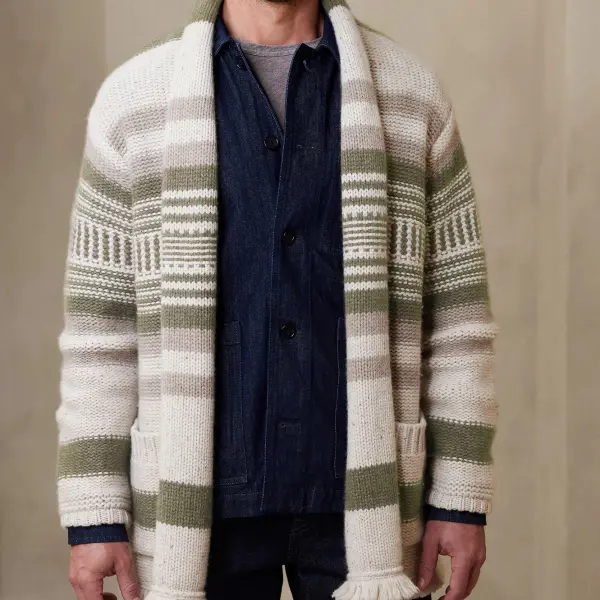 Men's Lapel Striped Knitted Cardigan - Mobivivi.com 