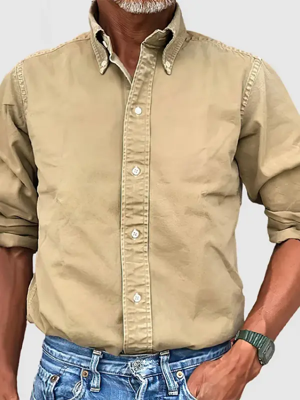 Men's Western Retro Button Down Casual Solid Color Stylish Long Sleeve Business Dress Shirts - Wantbright.com 