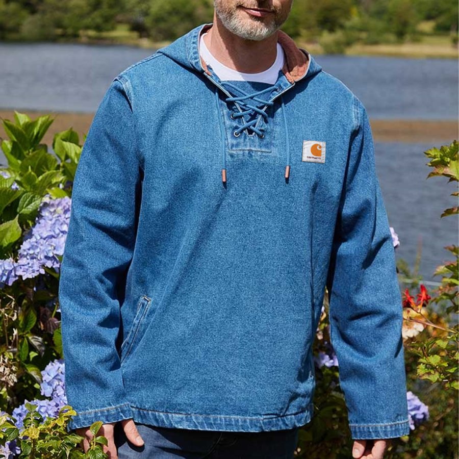 

Men's Vintage Blue Denim Patchwork Hooded Lace-up Outdoor Jacket