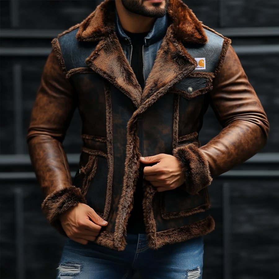 

Men's Vintage Outdoor Leather Patchwork Fleece Jacket