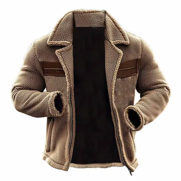 Men's Vintage Fleece Patchwork Leather Lapel Collar Outdoor Warm Layer Jacket - Cotosen.com 