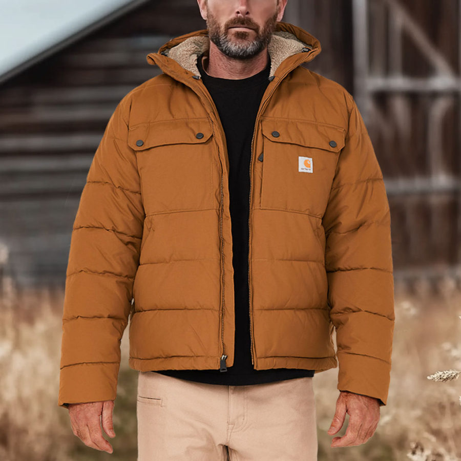 

Men's Vintage Quilted Down Montana Loose Fit Insulated Hooded Shearling Jacket
