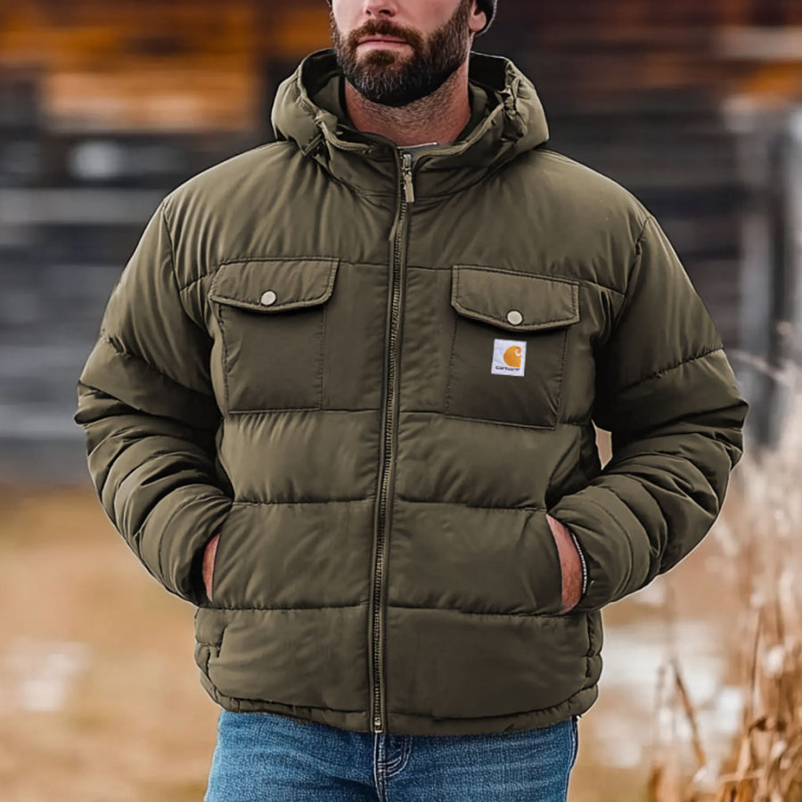 

Men's Vintage Quilted Down Puffer Montana Loose Fit Insulated Multi-Pocket Hooded Jacket