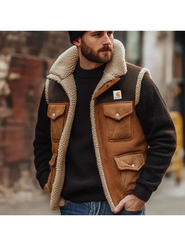 Men's Outdoor Vintage Lamb Wool Multi Pocket Splicing Suede Vest Jacket - Ootdmw.com 