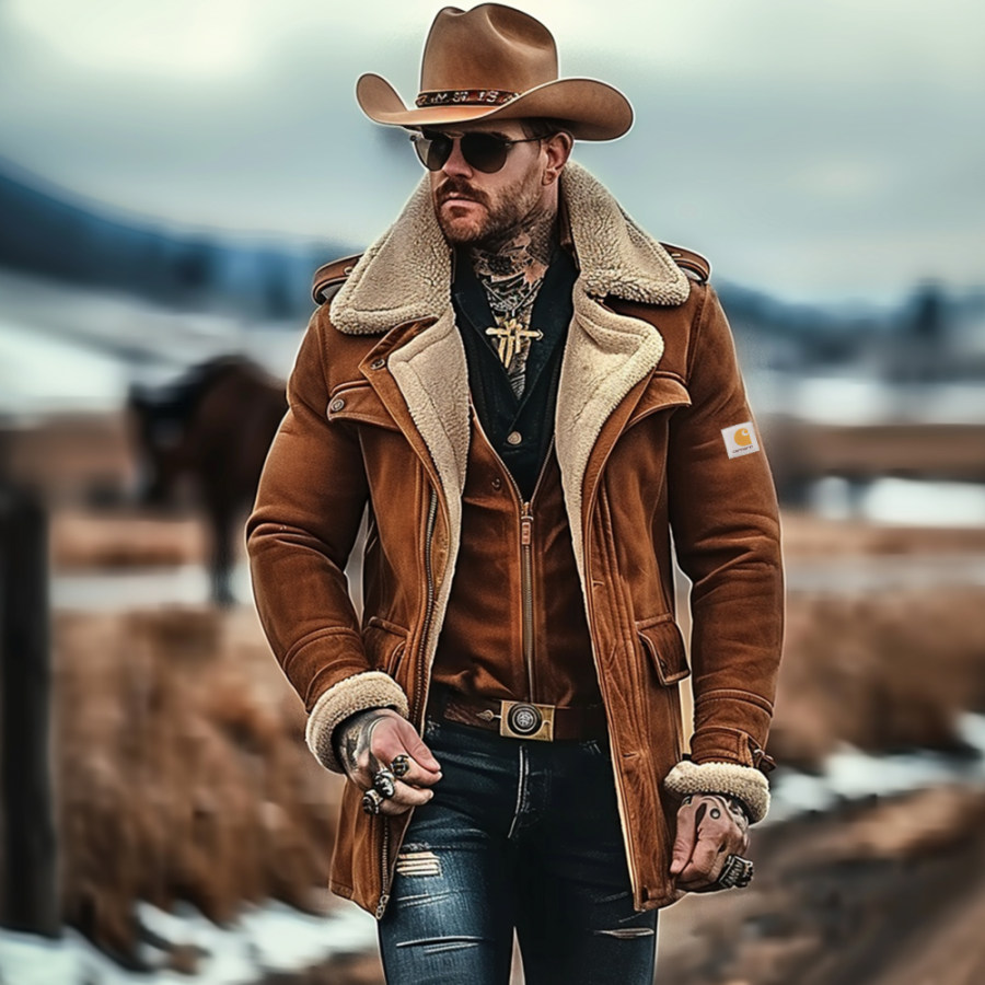 

Men's Vintage Suede And Wool Plush Multi-Pocket Lapel Outdoor Jacket