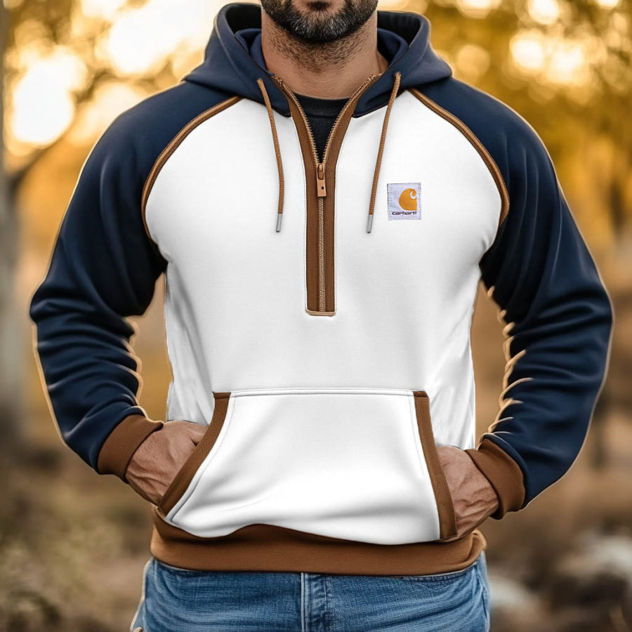 

Men's Vintage Color Block Half-Zip Long Sleeve Hoodie