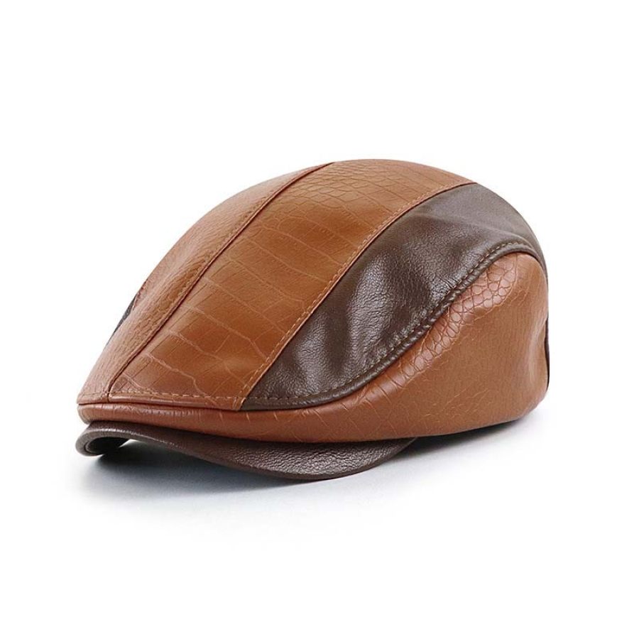 

Men's Retro Beret Stitched Crocodile PU Leather Peaked Cap