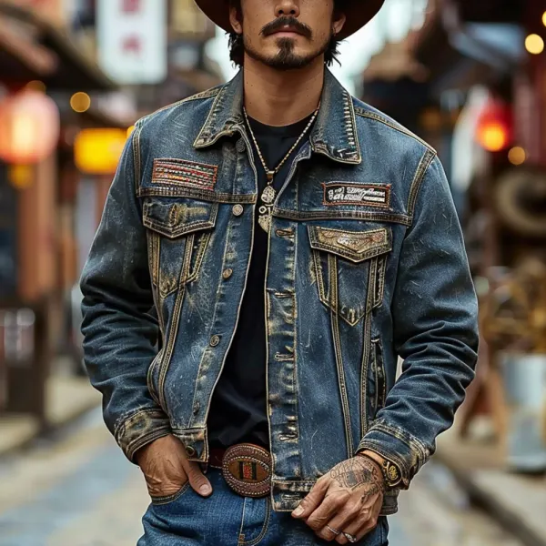 Men's Vintage Western Denim Jacket - Mushope.com 