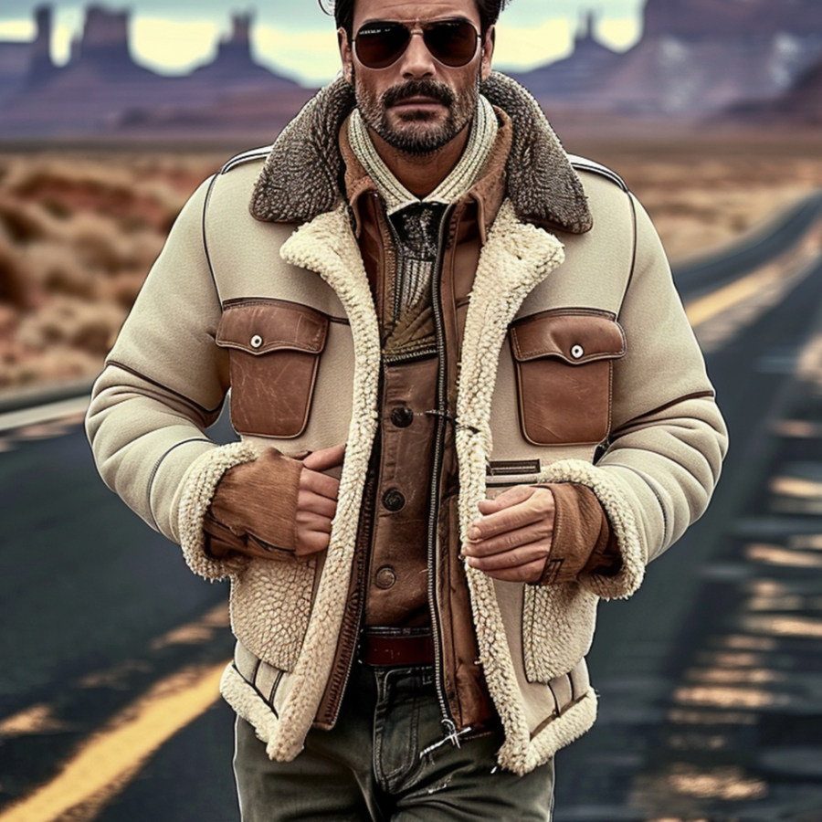 

Men's Vintage Lambswool Patchwork Leather Lapel Outdoor Warm Jacket