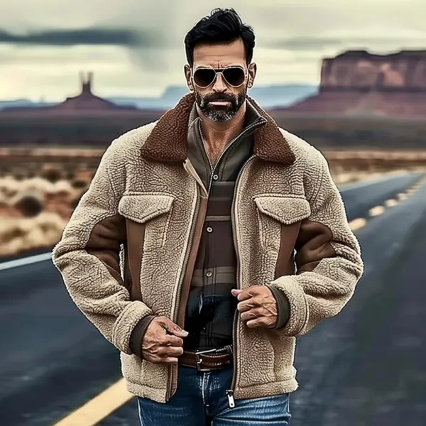 Vintage Lambswool Patchwork Leather Lapel Outdoor Warm Jacket - Zivinfo.com 