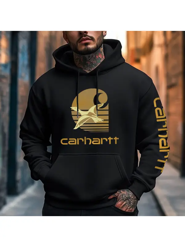 Men's Vintage Duck Print Pocket Long Sleeve Black Hoodie - Aptkoi.com 