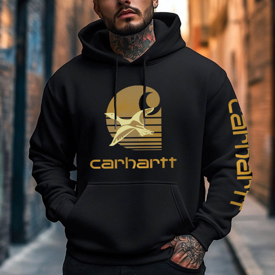 

Men's Vintage Duck Print Pocket Long Sleeve Black Hoodie