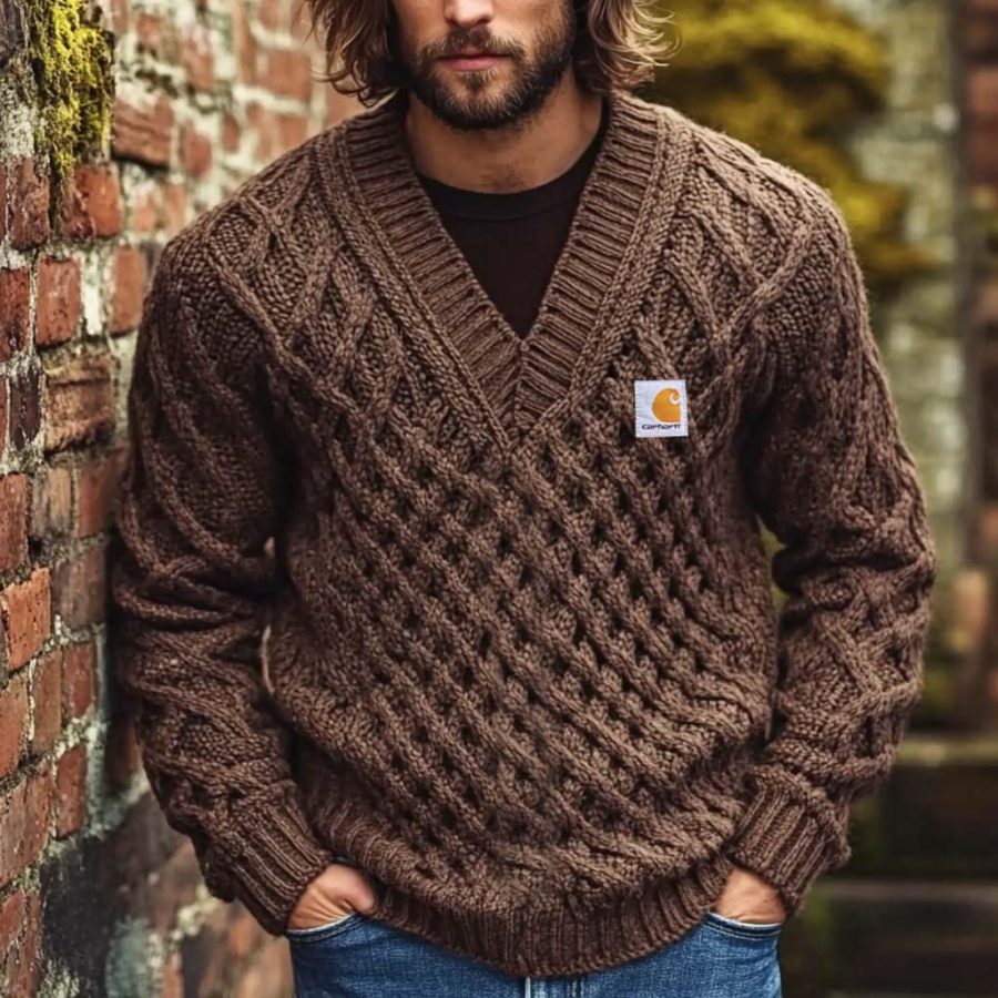 

Men's Vintage Knitted V-neck Long Sleeve Sweater