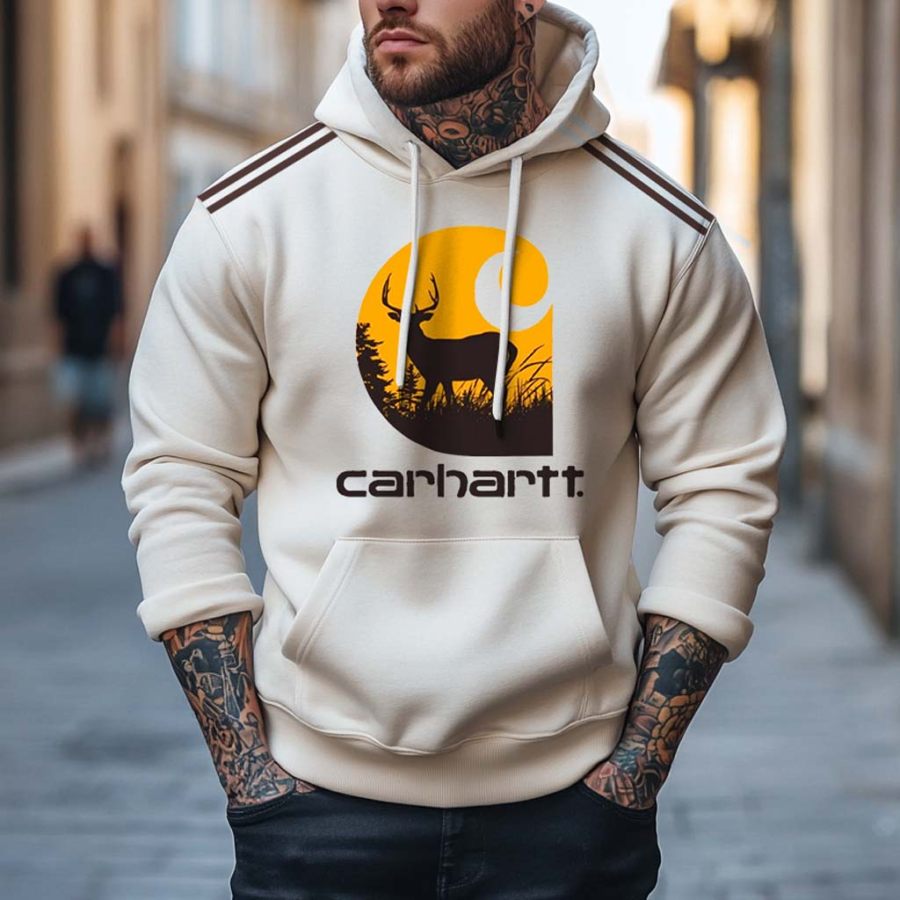 

Men's Carhartt Vintage Deer Print Pocket Long Sleeve Beige Hoodie