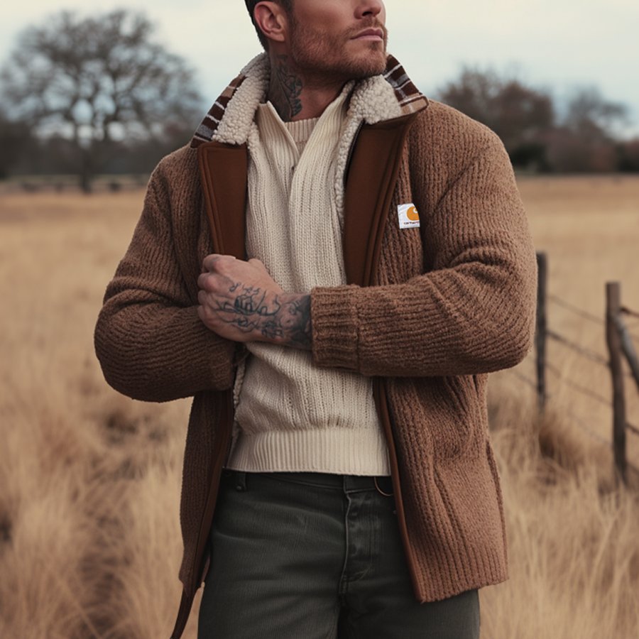 

Men's Vintage Label Design Lamb Wool Patchwork Sweater Fabric Outdoor Lapel Hunt Jacket Coat