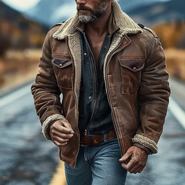 Men's Vintage Leather Lapel Outdoor Warm Zip-Up Jacket - Dozenlive.com 