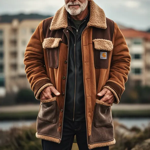 Men's Vintage Suede Patchwork Lamb Fleece Multi-Pocket Reverse Collar Outdoor Jacket - Dozenlive.com 