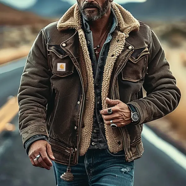 Men's Vintage Leather Lapel Outdoor Warm Jacket - Dozenlive.com 