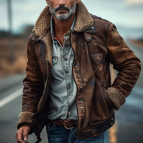 Men's Vintage Leather And Lambswool Western Warm Casual Leather Jacket - Trisunshine.com 