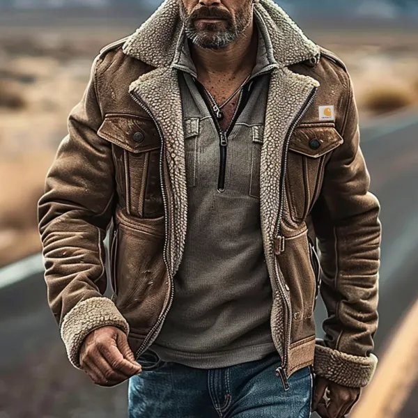 Men's Vintage Leather Lapel Outdoor Warm Zip-Up Jacket - Dozenlive.com 