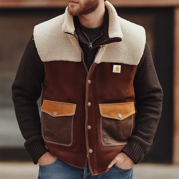 Men's Outdoor Vintage Lamb Wool Splicing Leather Patchwork Pocket Vest Jacket - Dozenlive.com 