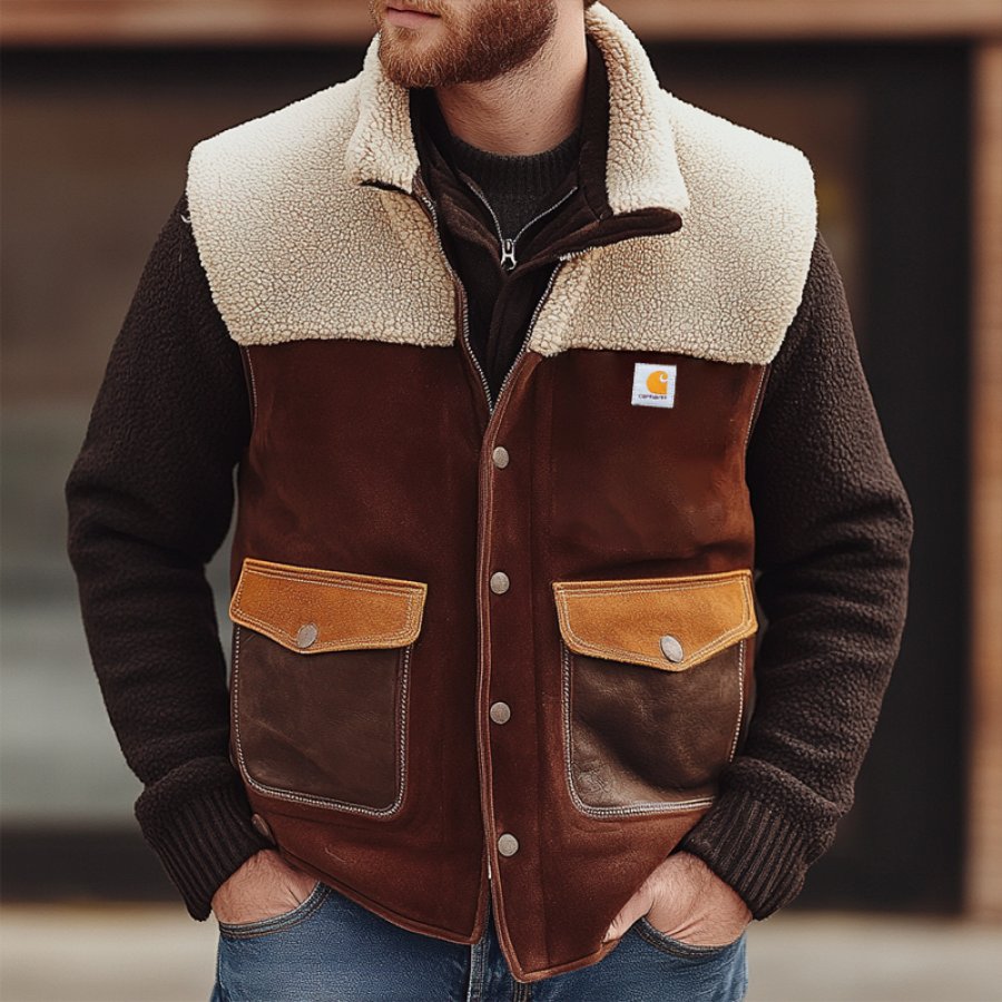 

Men's Outdoor Vintage Lamb Wool Splicing Leather Patchwork Pocket Vest Jacket