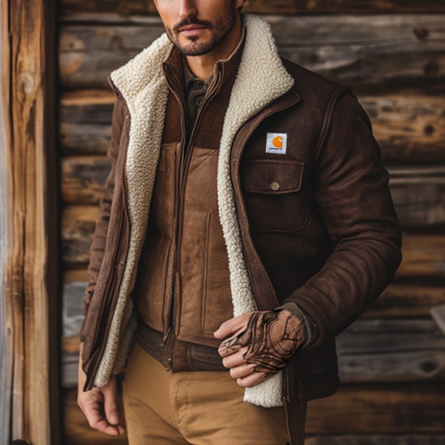 

Men's Outdoor Vintage Suede Pocket Lambskin Patchwork Jacket