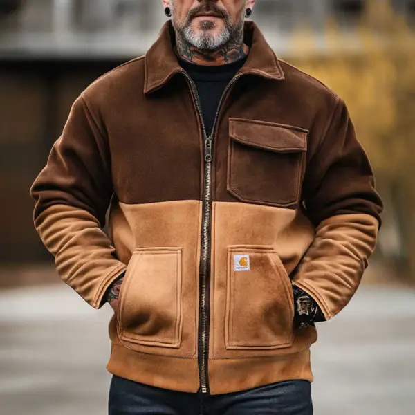 Men's Vintage Suede Multi-Pocket Color Block Lapel Collar Outdoor Motorcycle Work Jacket - Dozenlive.com 