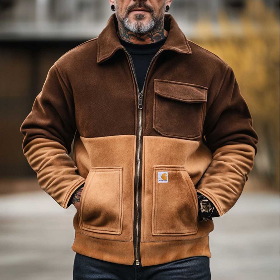 

Men's Vintage Suede Multi-Pocket Color Block Lapel Collar Outdoor Motorcycle Work Jacket