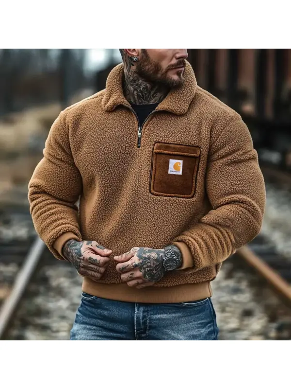 Men's Vintage Fleece Contrast Pockets Quarter Zip Lapel Sweatshirt - Aptkoi.com 