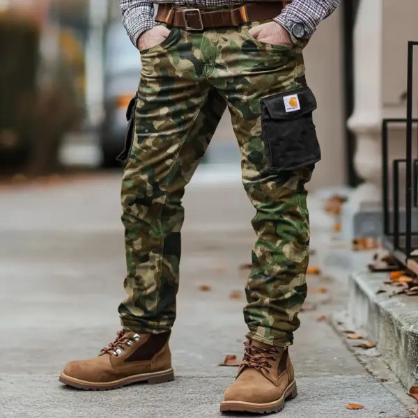 Men's Vintage Outdoor Camouflage Patchwork Suede Multi-pocket Cargo Pants Trousers - Dozenlive.com 