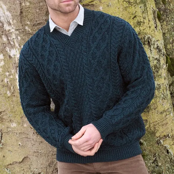 Men's Cable Knit V-Neck Wool Sweater - Trisunshine.com 