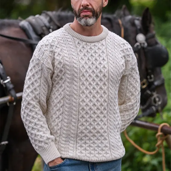 Men's Cable Knit Crew Neck Wool Sweater - Trisunshine.com 