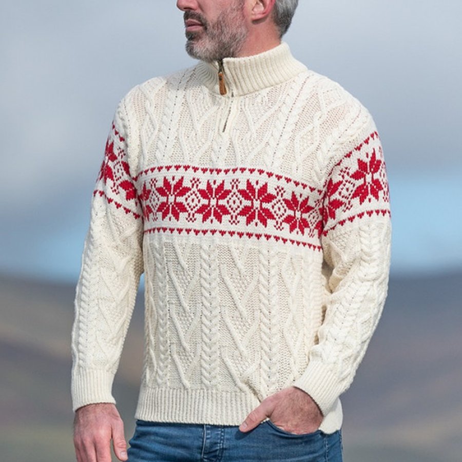 

Men's Snowflake Zip-Neck Christmas Wool Sweater