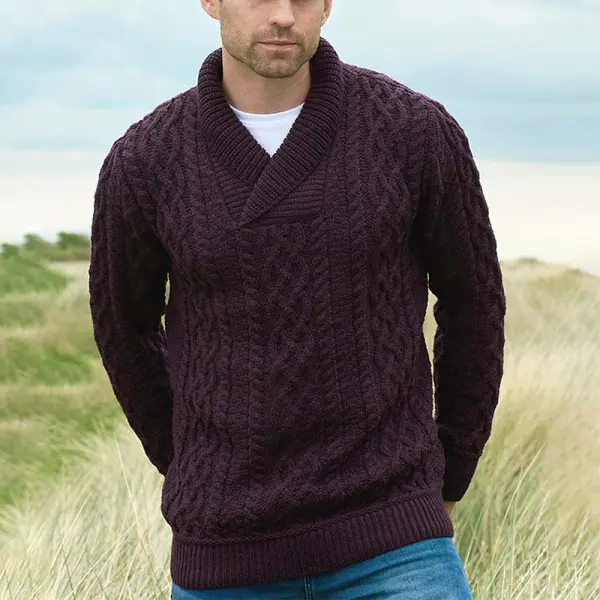 Men's Cable Knit Shawl Collar Wool Sweater - Anurvogel.com 