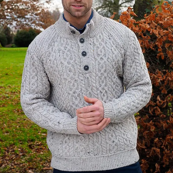 Men's Cable Knit Henley Neck Wool Sweater - Anurvogel.com 